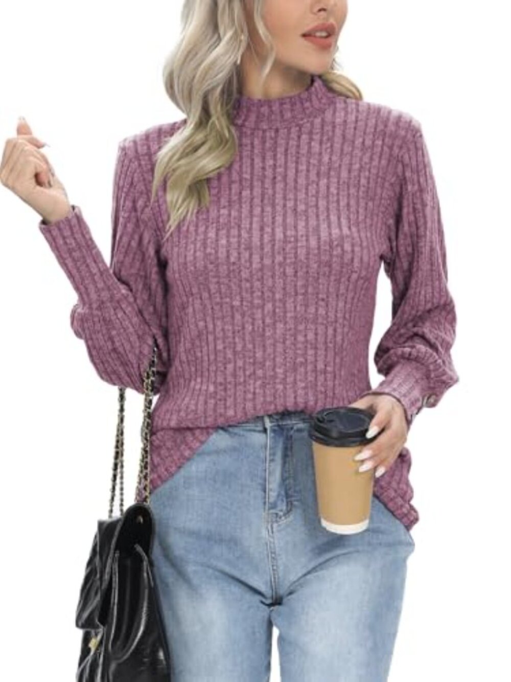 🆕 Women's Fall Fashion Mock Neck Puff Long Sleeve Pullover Knitted Casual - Picture 4 of 6